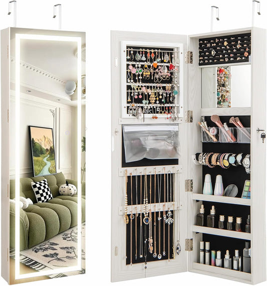 Full-Length Lighted Mirror Jewelry Cabinet with Drawers